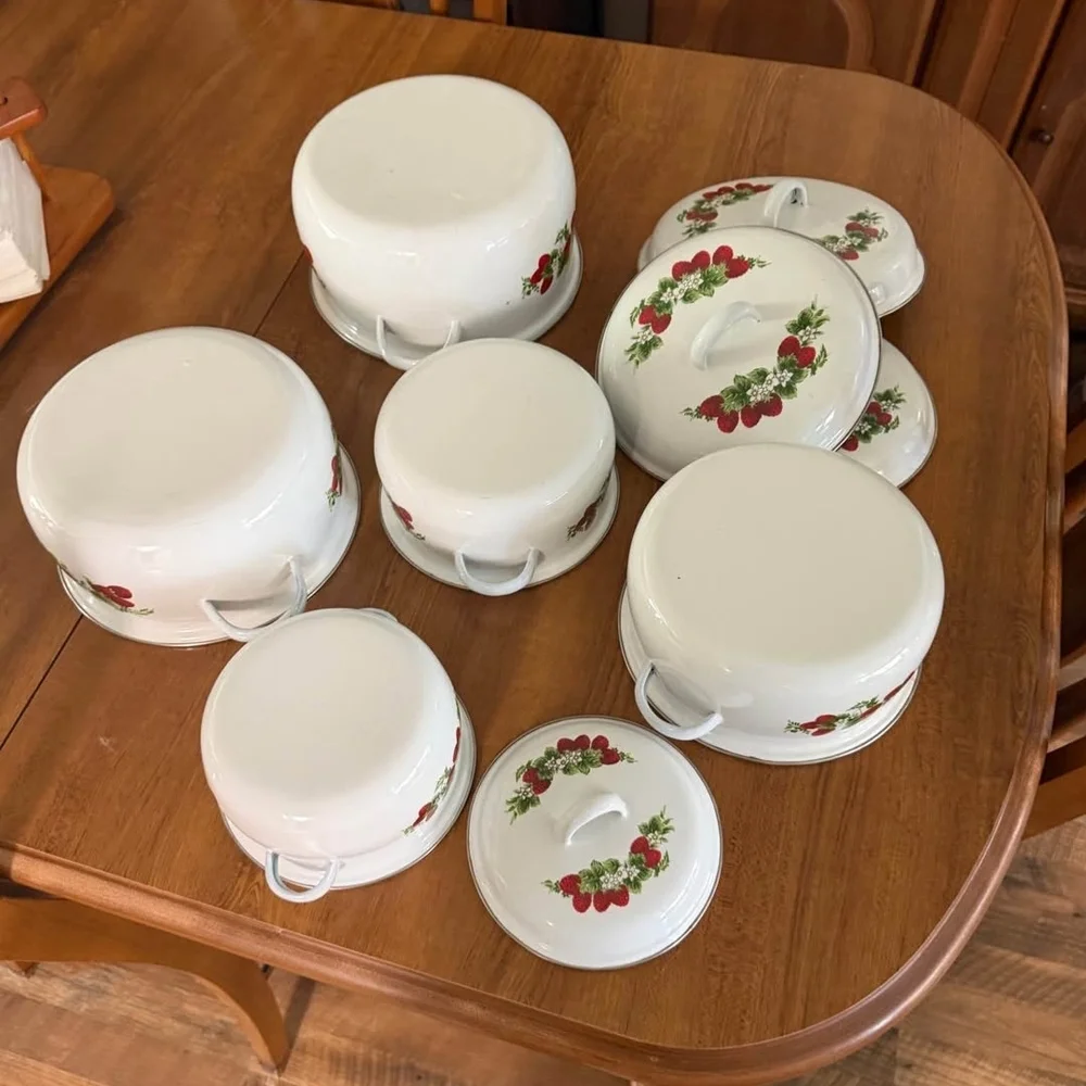 Vintage GMI Enameled Strawberry Cookware Pot Set of 5pc with Lids EUC USA Made
